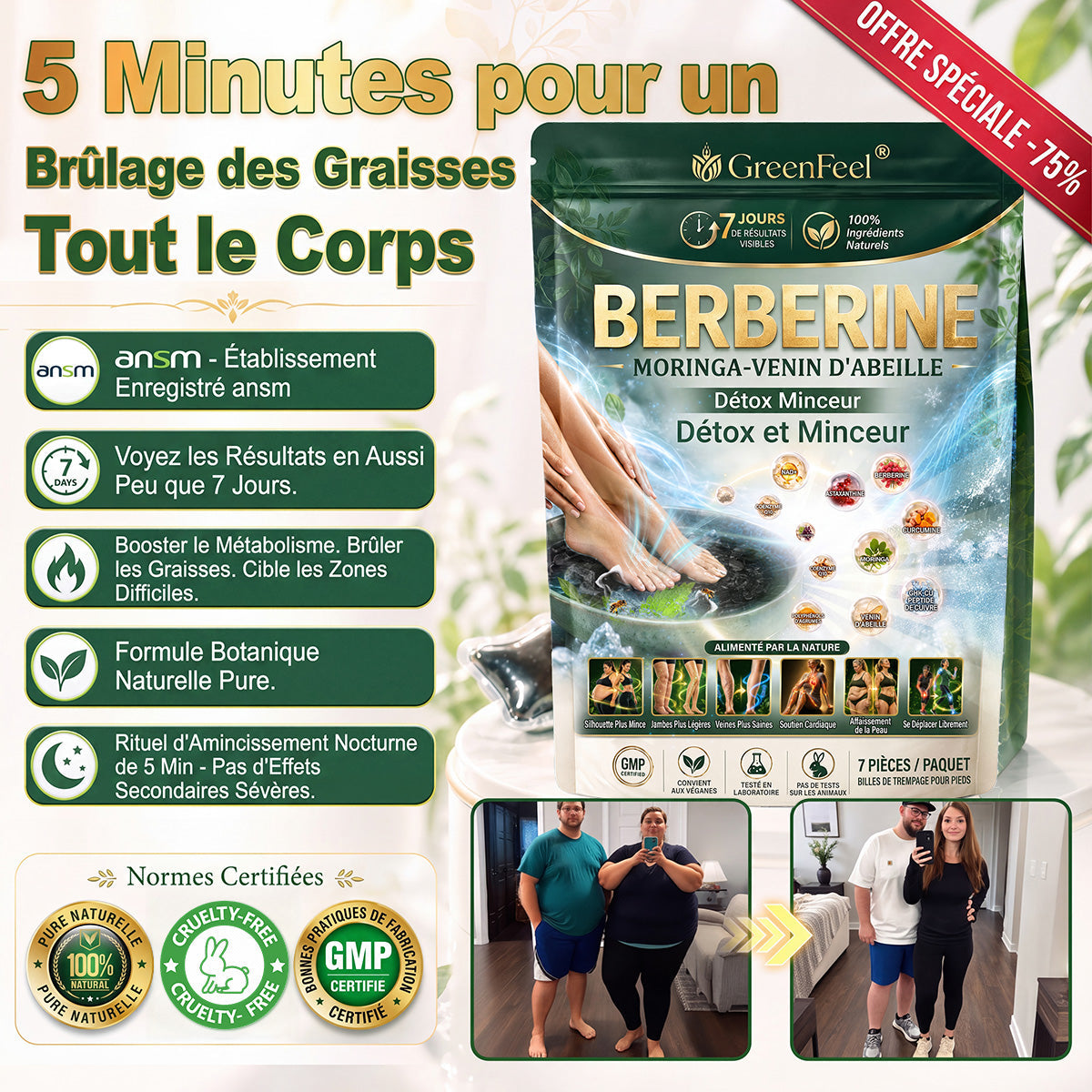 ☘️ GreenFeel® Berbérine, Moringa & Venin d’Abeille – Perles Détox Minceur pour Bain de Pieds, soutenant la gestion du poids, le drainage lymphatique, une circulation saine, le bien-être féminin et une peau visiblement plus ferme. 🔥