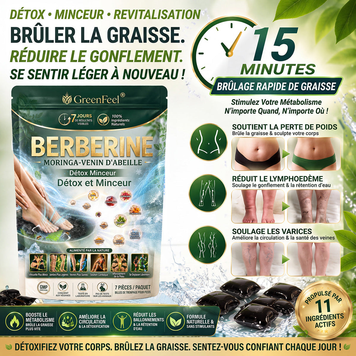 ☘️ GreenFeel® Berbérine, Moringa & Venin d’Abeille – Perles Détox Minceur pour Bain de Pieds, soutenant la gestion du poids, le drainage lymphatique, une circulation saine, le bien-être féminin et une peau visiblement plus ferme. 🔥