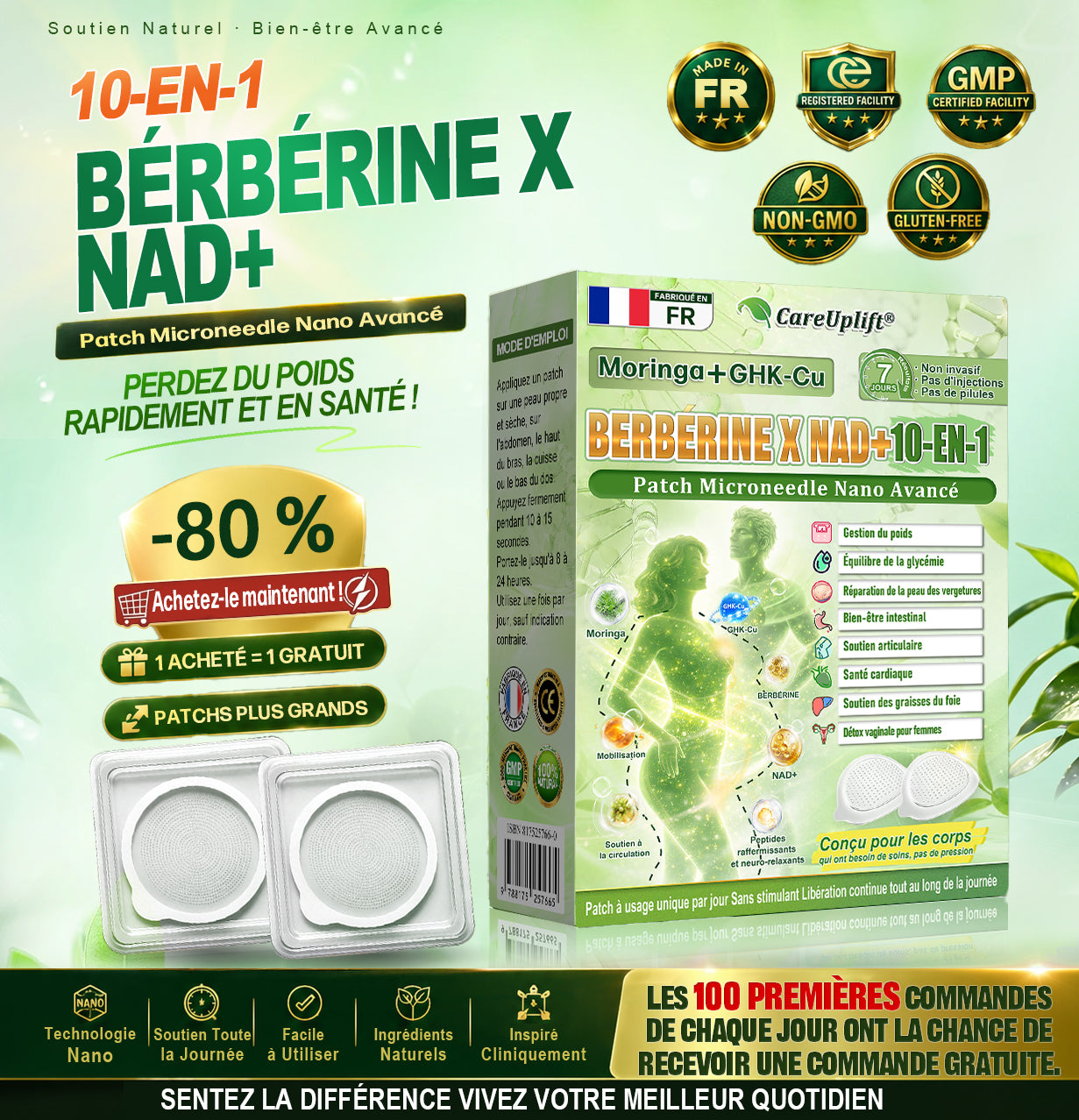 Boutique Officielle | 🍀 CareUplift® Patch Nano-Microneedle Métabolique 🇫🇷 (Un patch par jour, résultats visibles en 7 jours) Formule Berbérine + Moringa ✅ Pour obésité, relâchement cutané, diabète, troubles du sommeil, douleurs articulaires… 💯